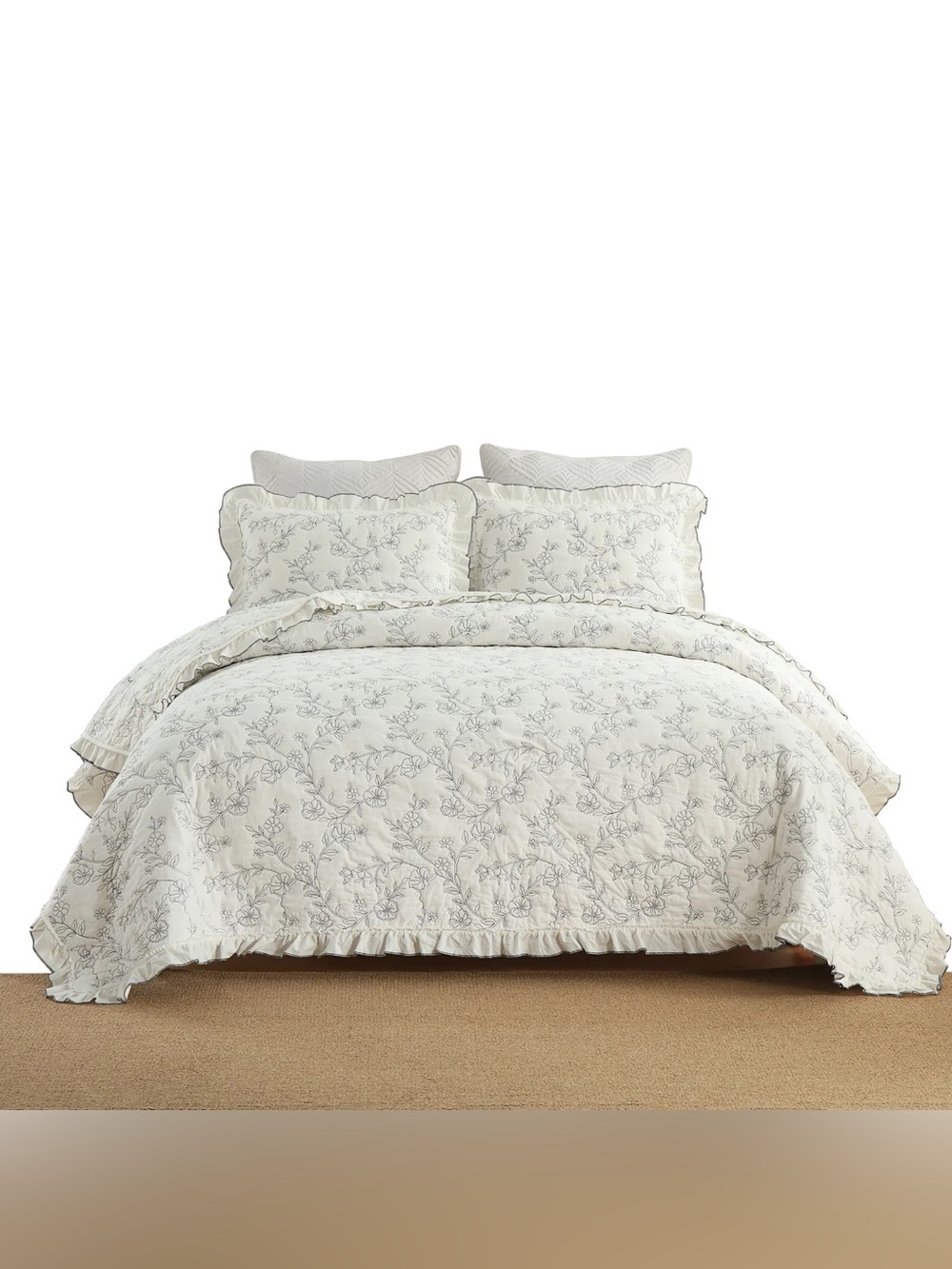 3 PIECE 100% COTTON EMBROIDERED FLORAL RUFFLE LIGHTWEIGHT QUILT BEDSPREAD SET
